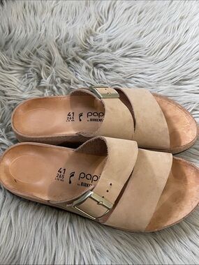 Papillio Tan Suede Double-Strap Slide Sandals with Gold Buckles